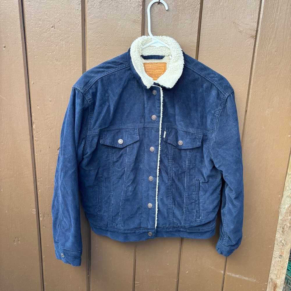 Levis Premium Sherpa Lined Corduroy Trucker Jacket Womens Navy Blue Size small